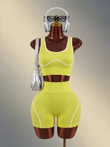 Mistrie 2pcs Women's Trim Crop Tank Top And Shorts Sports Set - Butter Yellow - View 8
