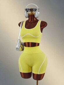 Mistrie 2pcs Women's Trim Crop Tank Top And Shorts Sports Set - Butter Yellow - View 6
