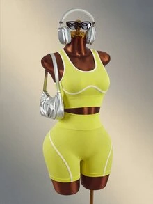 Mistrie 2pcs Women's Trim Crop Tank Top And Shorts Sports Set - Butter Yellow - View 9