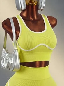 Mistrie 2pcs Women's Trim Crop Tank Top And Shorts Sports Set - Butter Yellow - View 4