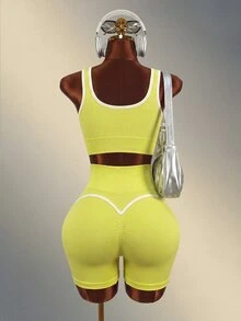 Mistrie 2pcs Women's Trim Crop Tank Top And Shorts Sports Set - Butter Yellow - View 2