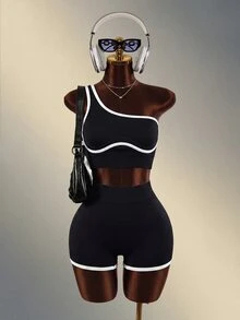 Mistrie Women's Piped One Shoulder Cropped Daily Fitness Sports Tank Top - Black - View 7