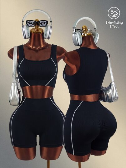 Mistrie Solid Color Ribbed Sports Tank Top & Shorts Set For Women