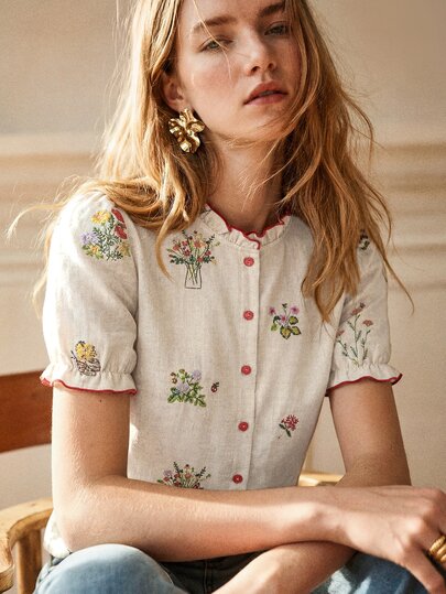 SHEIN Nueva blusa elegante de moda vintage francesa versátil para mujer, blusa de mujer con cuello alto, manga farol suelta y estampado floral, para verano, otoño e invierno, top verde claro, blusa elegante minimalista versátil para mujer, top para vacaciones, cita y fiesta
