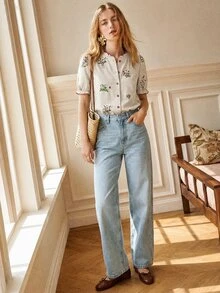 SHEIN 新款優雅法式復古時尚百搭女款襯衫，立領寬鬆燈籠袖花卉女款襯衫，夏季、秋季與冬季女款淺綠色上衣，優雅極簡百搭女款襯衫，度假上衣，約會派對 - 綠色 - 查看 2