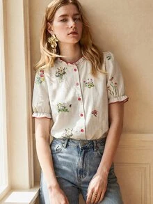 SHEIN 新款優雅法式復古時尚百搭女款襯衫，立領寬鬆燈籠袖花卉女款襯衫，夏季、秋季與冬季女款淺綠色上衣，優雅極簡百搭女款襯衫，度假上衣，約會派對 - 綠色 - 查看 5
