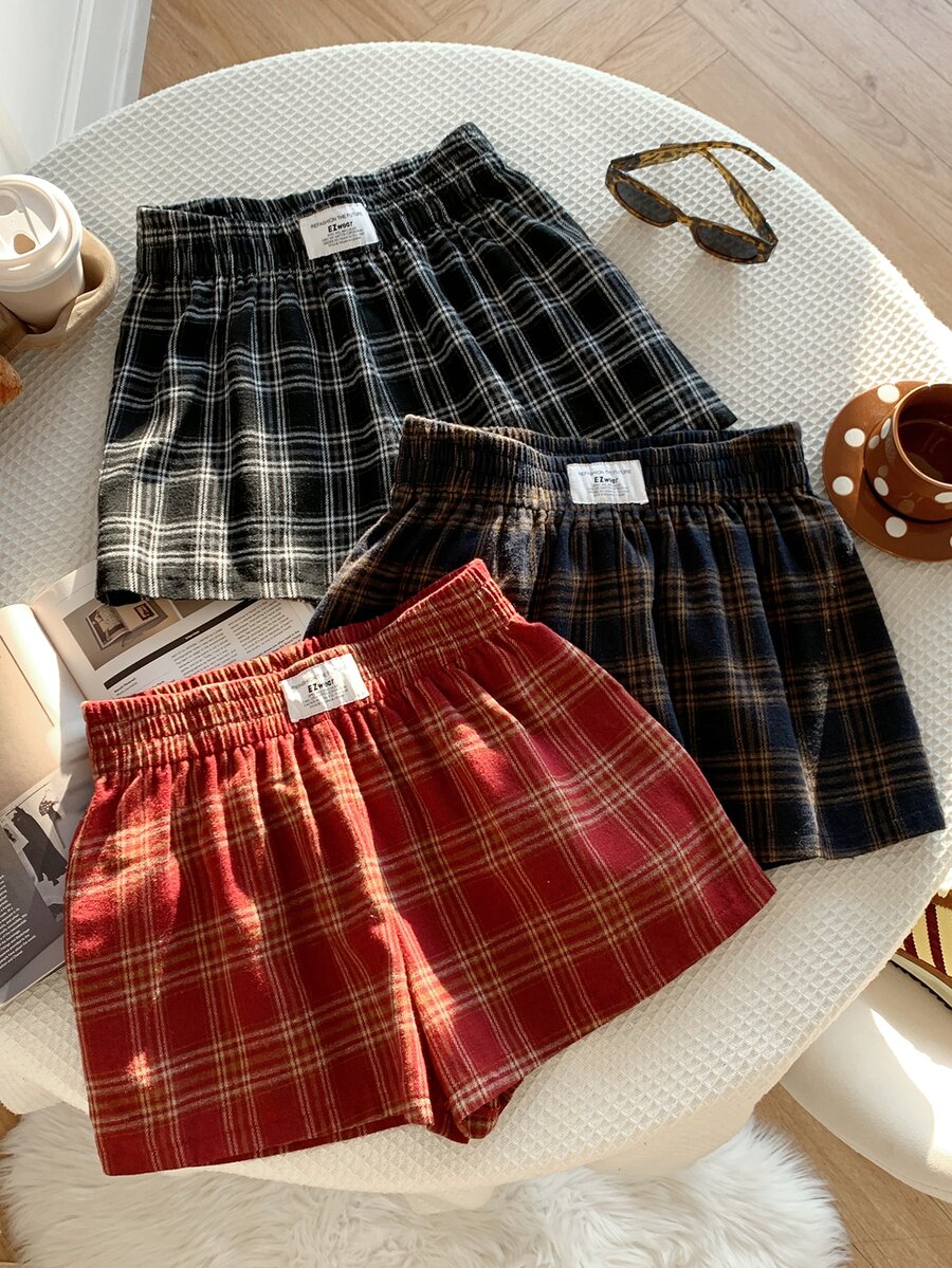 Comfortcana Plus Size Vintage Casual Traditional Elegant American Style Brushed Plaid Cotton Shorts 3-Pack Formal Black Red Black And White Summer - Multicolor - View 1