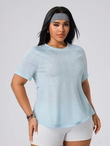 SHEIN Rhythm Era تي شيرت أزرق فاتح بأكمام قصيرة مع تصميم شبكي مرقع متقاطع وأكمام طويلة مع فتحات للإبهام - أزرق فاتح اللون - مشاهدة 6