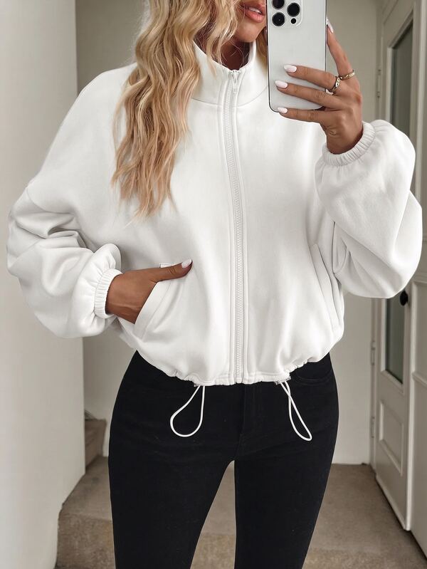 Easowa Sudadera de manga larga con bolsillo con cremallera, de color liso, minimalista, básica, casual, de moda para mujer, para la vuelta al cole, otoño, uso diario, vacaciones y trabajo