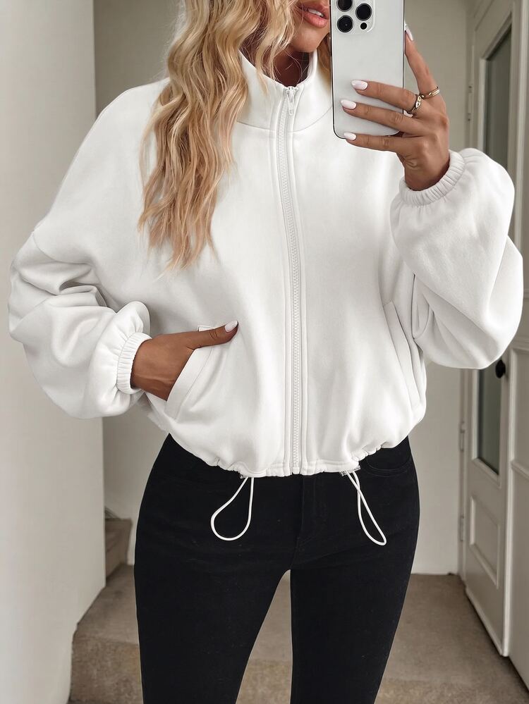 Easowa Women's Solid Color Minimalist Basic Casual Fashion Zipper Pocket Long Sleeve Sweatshirt Back-To-School Autumn Outfit Daytime Vacation Work Everyday - White - View 1