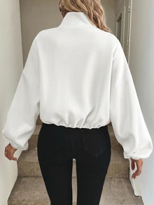 Easowa 女款純色極簡基礎休閒時尚拉鍊口袋長袖運動衫，適合返校、秋季穿搭、日間度假、工作與日常穿著 - 白色 - 查看 2