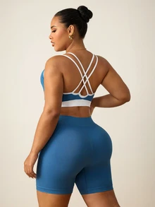 SHEIN Rhythm Era Plus Size Women's Seamless Camisole Bra And Shorts Set - Dusty Blue - View 3