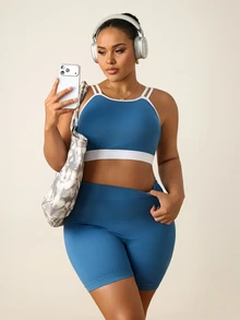 SHEIN Rhythm Era Plus Size Women's Seamless Camisole Bra And Shorts Set - Dusty Blue - View 2