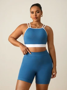 SHEIN Rhythm Era Plus Size Women's Seamless Camisole Bra And Shorts Set - Dusty Blue - View 4