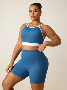 SHEIN Rhythm Era Plus Size Women's Seamless Camisole Bra And Shorts Set - Dusty Blue - View 5