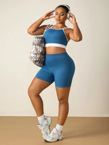 SHEIN Rhythm Era Plus Size Women's Seamless Camisole Bra And Shorts Set - Dusty Blue - View 7