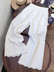 SHEIN Franclia 編織收腰復古花卉刺繡波希米亞風白色寬腿長褲，女款夏季海灘度假 - 白色 - 查看 3