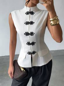 SHEIN Allurite Women's Elegant French Chinese Style Frog Button Sleeveless Vest Office Off-White Summer - Apricot - View 7