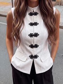SHEIN Allurite Women's Elegant French Chinese Style Frog Button Sleeveless Vest Office Off-White Summer - Apricot - View 5