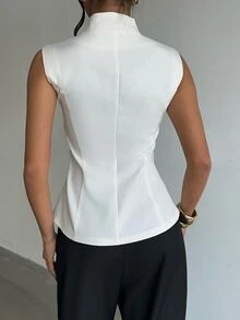 SHEIN Allurite Women's Elegant French Chinese Style Frog Button Sleeveless Vest Office Off-White Summer - Apricot - View 2