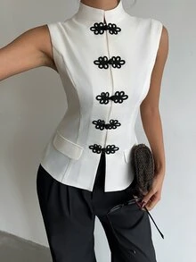 SHEIN Allurite Women's Elegant French Chinese Style Frog Button Sleeveless Vest Office Off-White Summer - Apricot - View 6