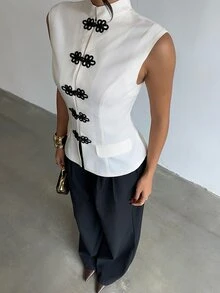 SHEIN Allurite Women's Elegant French Chinese Style Frog Button Sleeveless Vest Office Off-White Summer - Apricot - View 9