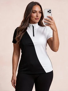 SHEIN Rhythm Era Women's Plus Size Sporty Casual Colorblock Polo Collar T-Shirt - Black and White - View 4