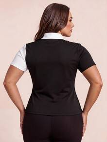 SHEIN Rhythm Era Women's Plus Size Sporty Casual Colorblock Polo Collar T-Shirt - Black and White - View 2