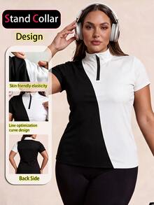 SHEIN Rhythm Era Women's Plus Size Sporty Casual Colorblock Polo Collar T-Shirt - Black and White - View 1