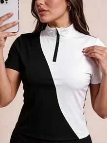 SHEIN Rhythm Era Women's Plus Size Sporty Casual Colorblock Polo Collar T-Shirt - Black and White - View 5