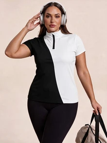 SHEIN Rhythm Era Women's Plus Size Sporty Casual Colorblock Polo Collar T-Shirt - Black and White - View 3