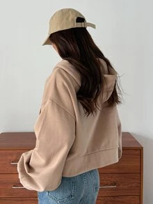 Livesso 女款純色落肩長袖拉鍊休閒運動衫 - 卡其色 - 查看 2