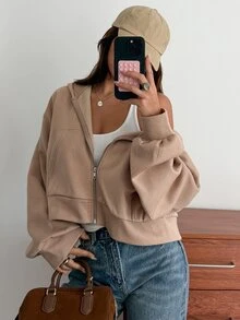 Livesso 女款純色落肩長袖拉鍊休閒運動衫 - 卡其色 - 查看 5
