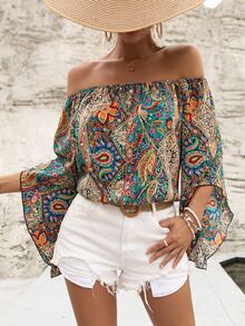 Breezaya Paisley Print Off Shoulder Trumpet Sleeve Blouse - Multicolor - View 1