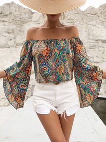 Breezaya Paisley Print Off Shoulder Trumpet Sleeve Blouse - Multicolor - View 3