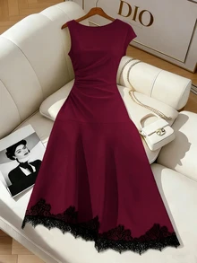 SHEIN Franclia Women's Solid Color Round Neck Ruched Elegant Lace Waist-Cinching Party Dinner Date Dress Burgundy Summer - Burgundy - View 3