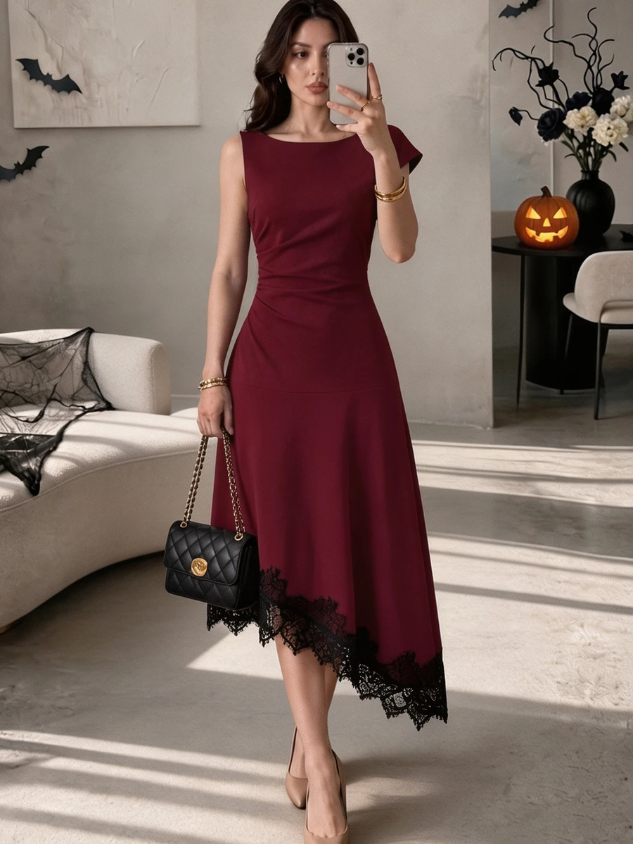 SHEIN Franclia Women's Solid Color Round Neck Ruched Elegant Lace Waist-Cinching Party Dinner Date Dress Burgundy Summer - Burgundy - View 1