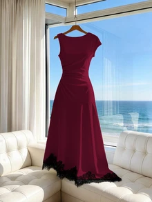SHEIN Franclia Women's Solid Color Round Neck Ruched Elegant Lace Waist-Cinching Party Dinner Date Dress Burgundy Summer - Burgundy - View 4