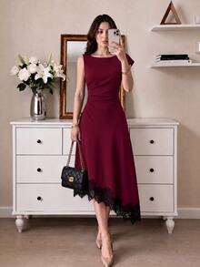 SHEIN Franclia Women's Solid Color Round Neck Ruched Elegant Lace Waist-Cinching Party Dinner Date Dress Burgundy Summer - Burgundy - View 6