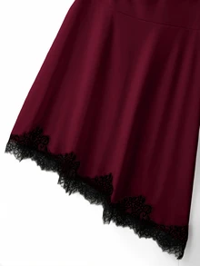 SHEIN Franclia Women's Solid Color Round Neck Ruched Elegant Lace Waist-Cinching Party Dinner Date Dress Burgundy Summer - Burgundy - View 5