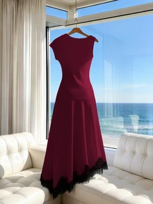 SHEIN Franclia Women's Solid Color Round Neck Ruched Elegant Lace Waist-Cinching Party Dinner Date Dress Burgundy Summer - Burgundy - View 2