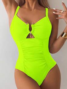 SHEIN Swim 2026 Spring/Summer New Neon Yellow Adjustable Strap Gold Decor Ruched Elegant Women's One-Piece Bikini Swimsuit - Lime Green - View 3