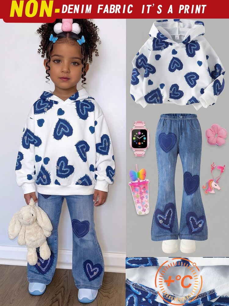 Conjunto de 2 piezas para niñas pequeñas de 4-7 años: sudadera con capucha de forro polar cálido y pantalones acampanados con efecto denim, ropa casual linda para otoño e invierno, para escuela, uso diario y fiestas - Blanco - Añade 4