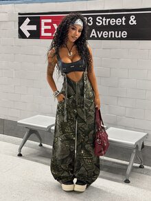SHEIN Tall Women's Branch Pattern Pocket Wide Leg Loose Casual Denim Overalls - Multicolor - View 8