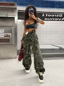 SHEIN Tall Women's Branch Pattern Pocket Wide Leg Loose Casual Denim Overalls - Multicolor - View 6