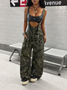 SHEIN Tall Women's Branch Pattern Pocket Wide Leg Loose Casual Denim Overalls - Multicolor - View 3