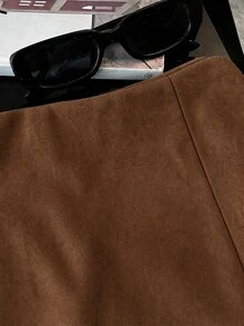 SHEIN Franclia 時尚休閒通勤上班多功能紋理軟面料高腰開衩女款短褲/裙/長褲/熱褲，春/秋季 - 卡其色 - 查看 4