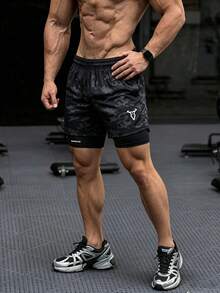 Gym Rark Men's Bull Print Drawstring Waist Sports Shorts,Breathable Ultra Lightweight Quick Drying 2 In 1 Performance Shorts For Gym Road Running Training - Black - View 1