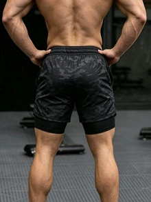 Gym Rark Men's Bull Print Drawstring Waist Sports Shorts,Breathable Ultra Lightweight Quick Drying 2 In 1 Performance Shorts For Gym Road Running Training - Black - View 2