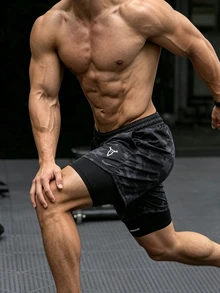 Gym Rark Men's Bull Print Drawstring Waist Sports Shorts,Breathable Ultra Lightweight Quick Drying 2 In 1 Performance Shorts For Gym Road Running Training - Black - View 3